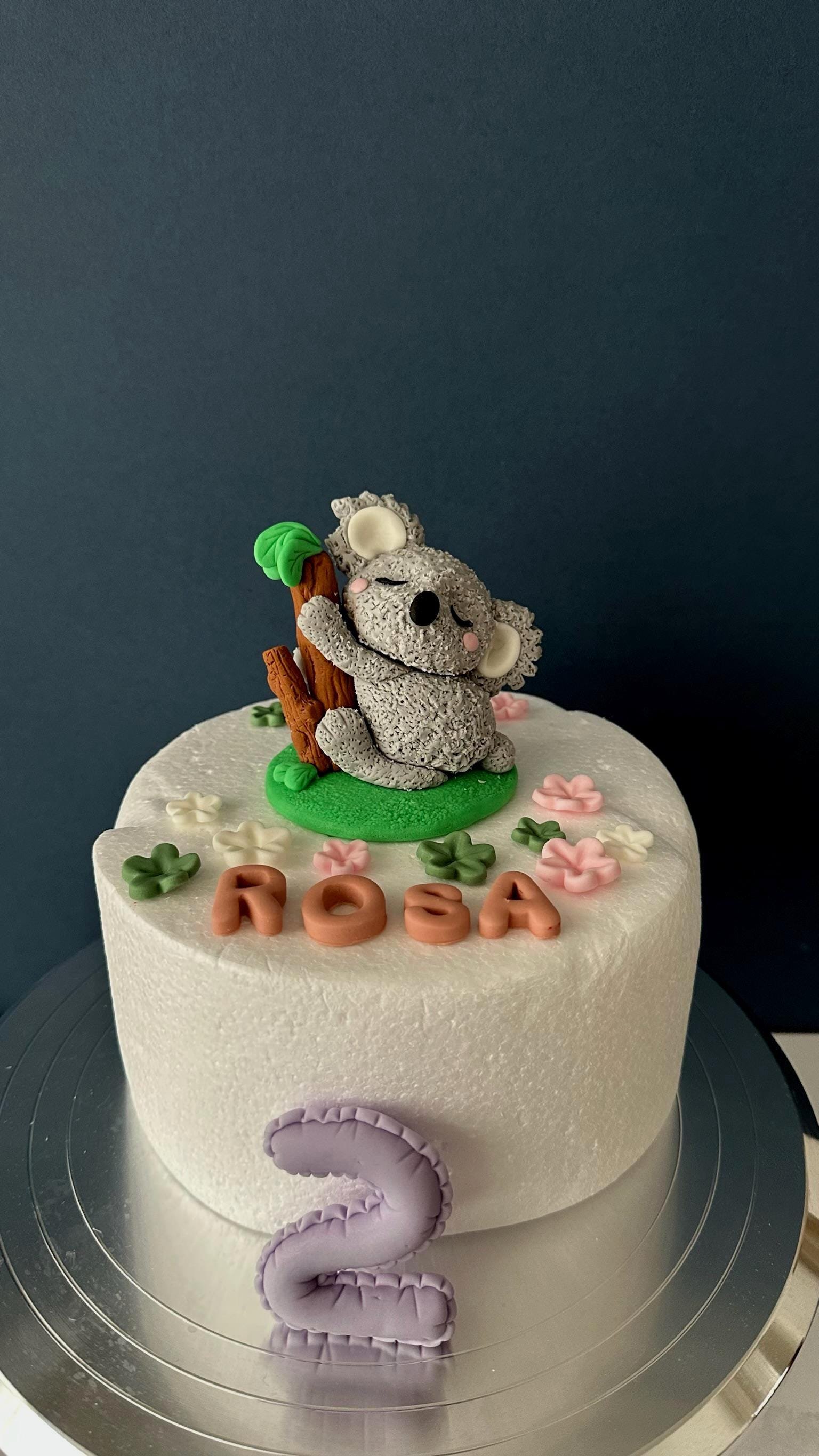 Fondant Koala Cake Topper - Custom Animal Birthday Decoration With Name,Number and flowers.