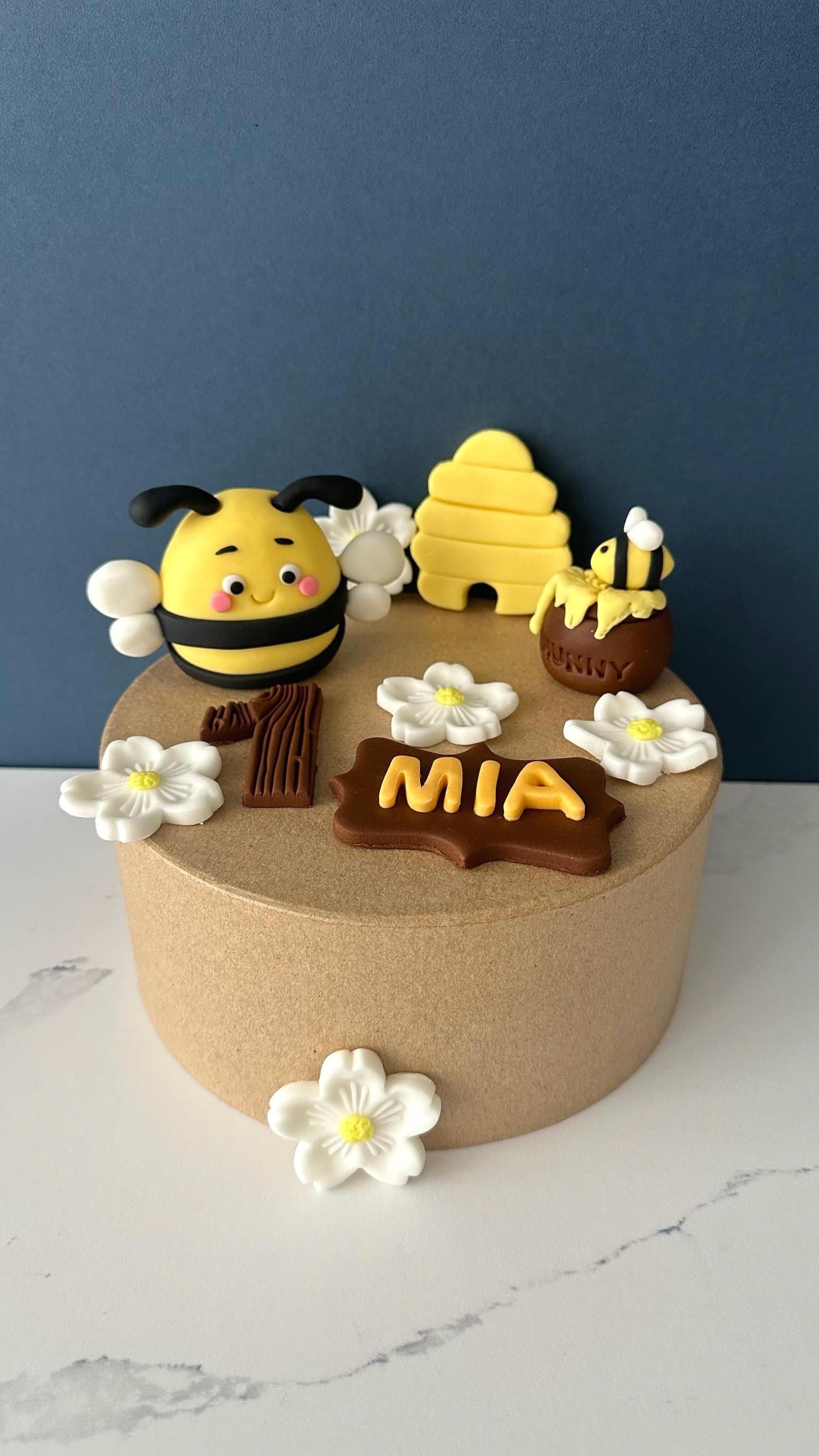 Handmade Fondant Bee Cake Topper: Custom Name & Number, Honey Pot