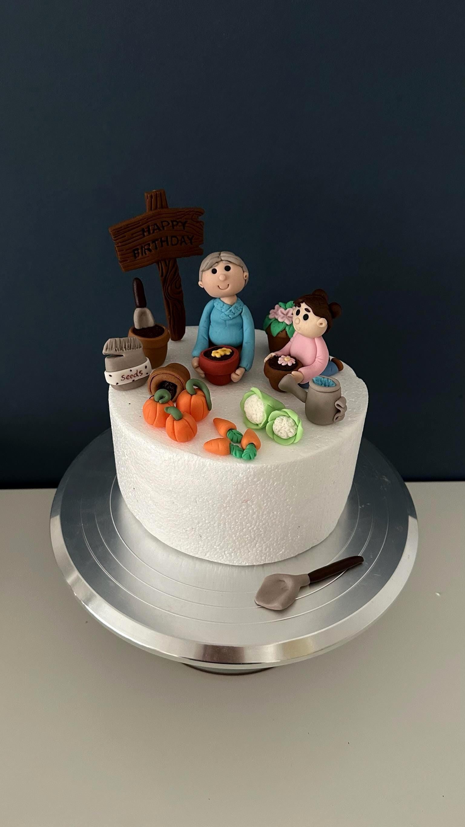 Gardening Theme Cake Topper: Custom Fondant Grandmother & Granddaughter Figurines