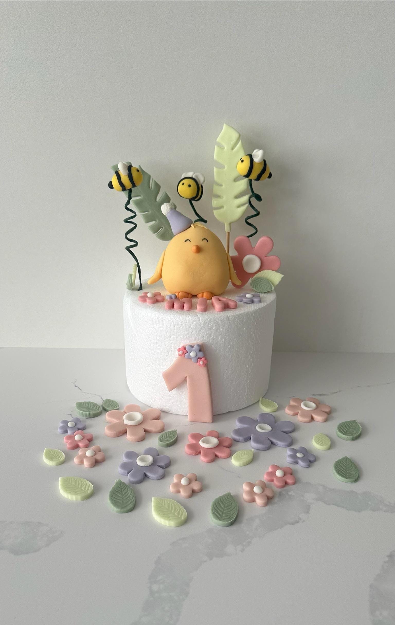 Handmade Edible Chick Cake Topper: Bees & Flowers, Birthday Decoration