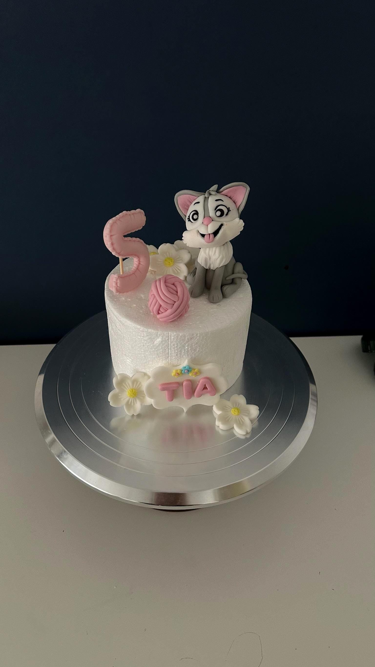 Cute Silly Cat Fondant Cake Topper - Handmade Kitty Birthday Decoration- Custom Name and Age Topper For Girls.