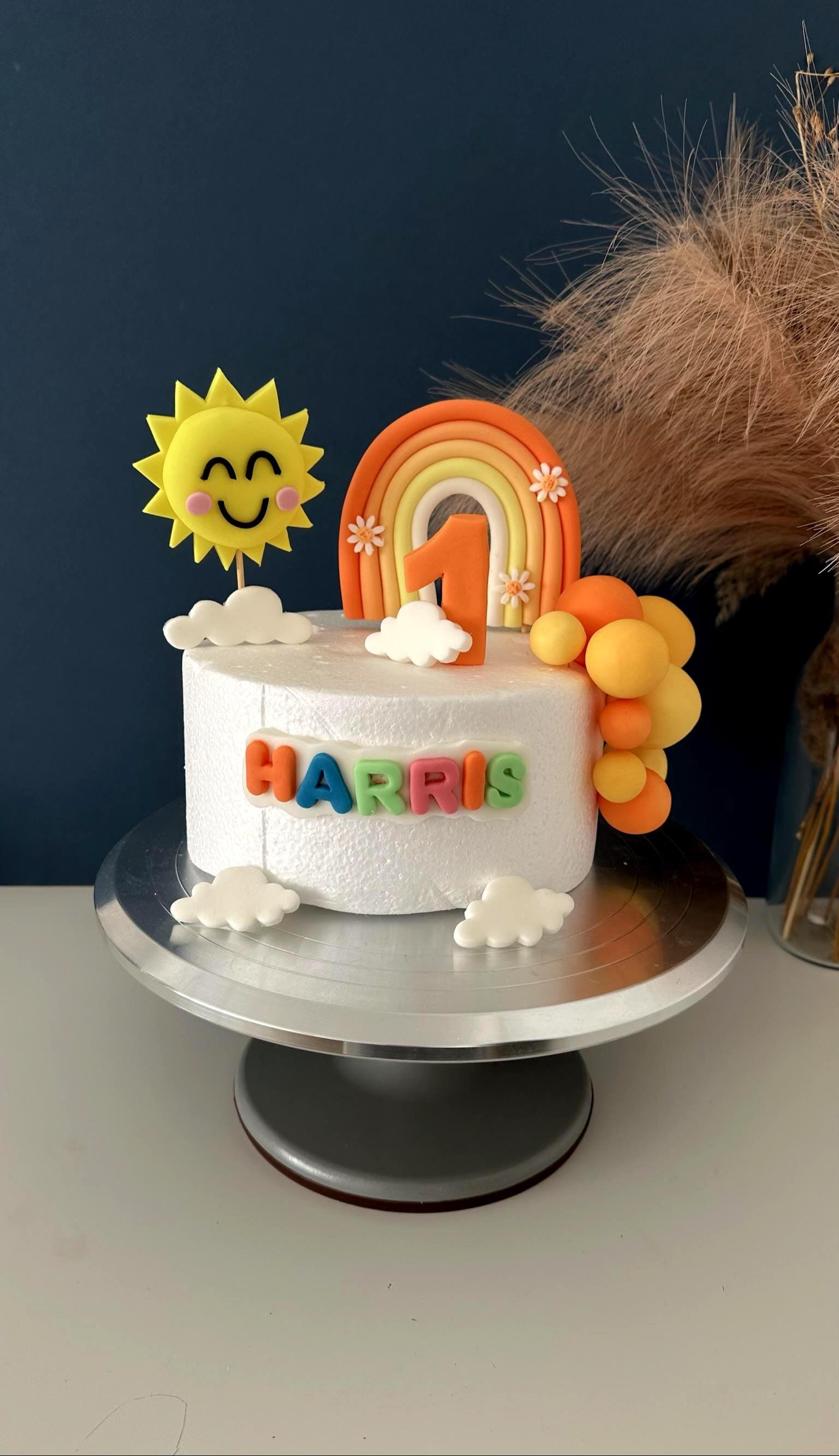 Rainbow and Sunshine Birthday cake Topper - Personalised Fondant Decoration with Name and Age.