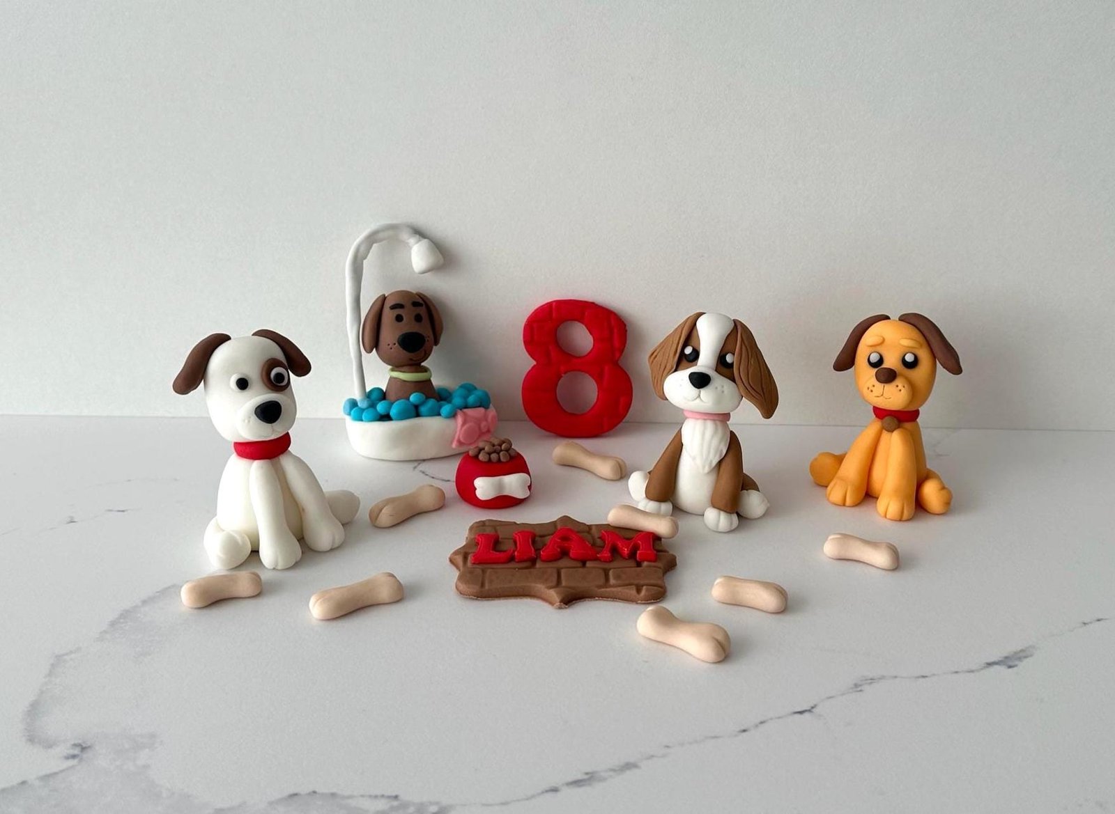 Custom Dog Cake Topper Set- Puppy Fondant Figures,Name and Age Decoration.