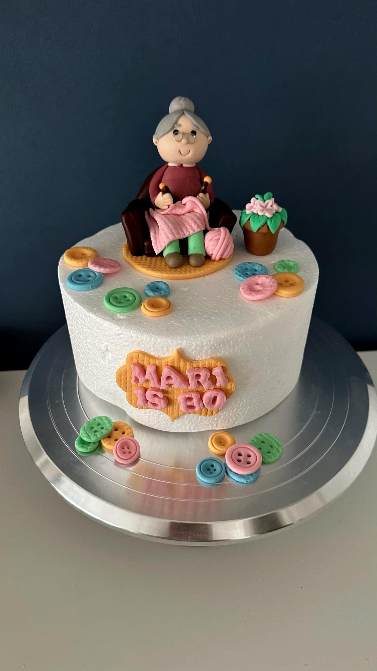 Handmade Fondant Grandma Knitting Cake Topper - Crochet Theme Decoration