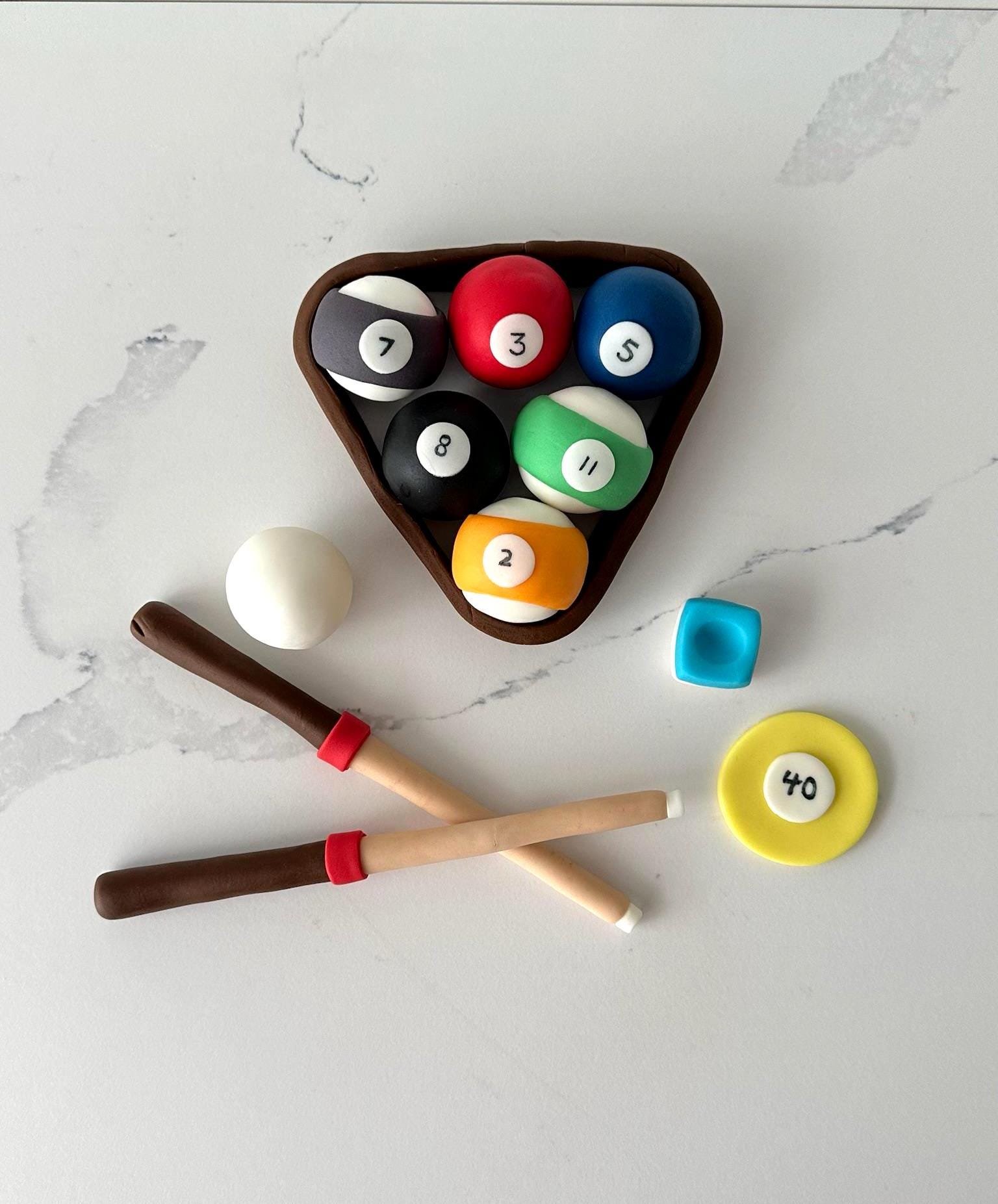 Personalized Billiards Cake Topper Set: Handmade Fondant Pool Balls & Cues