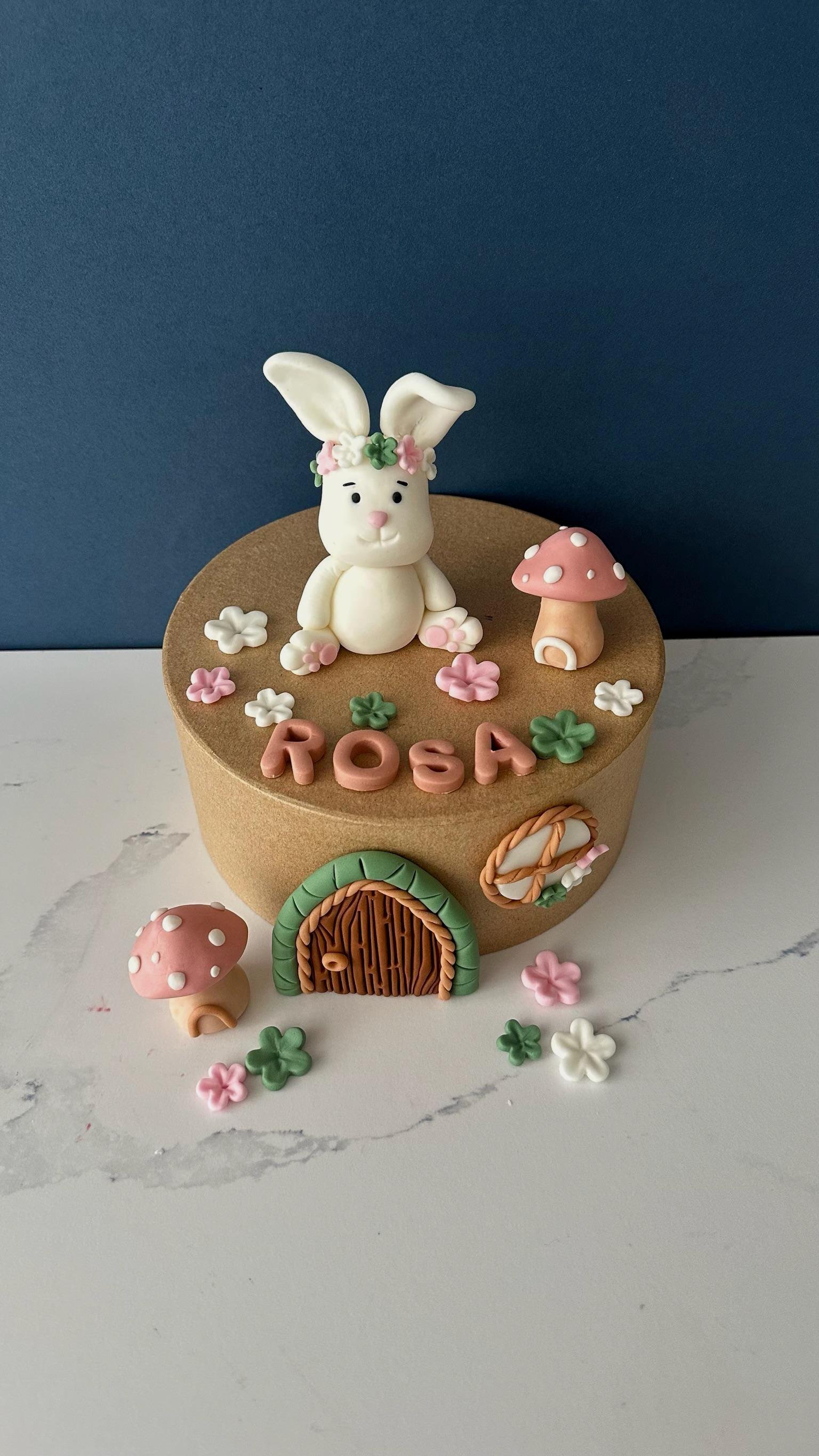 Handmade Fondant Bunny Cake Topper: Custom Name, Easter Birthday Baby Shower
