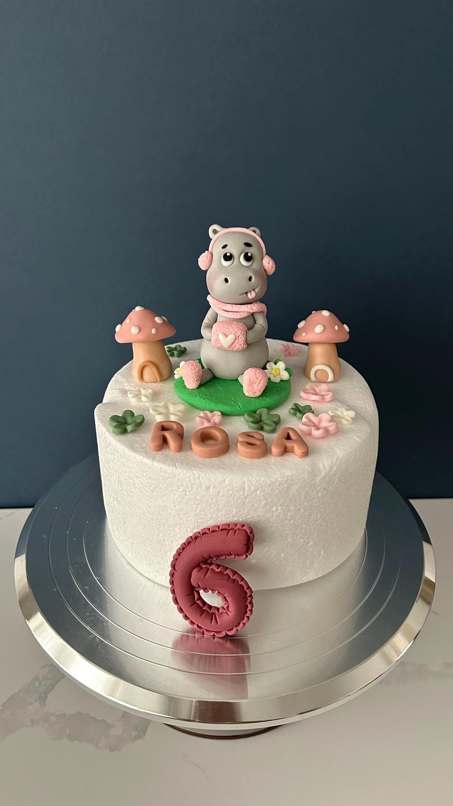 Hippo Cake Topper - Fondant Birthday Decoration With Mushrooms and Flowers.