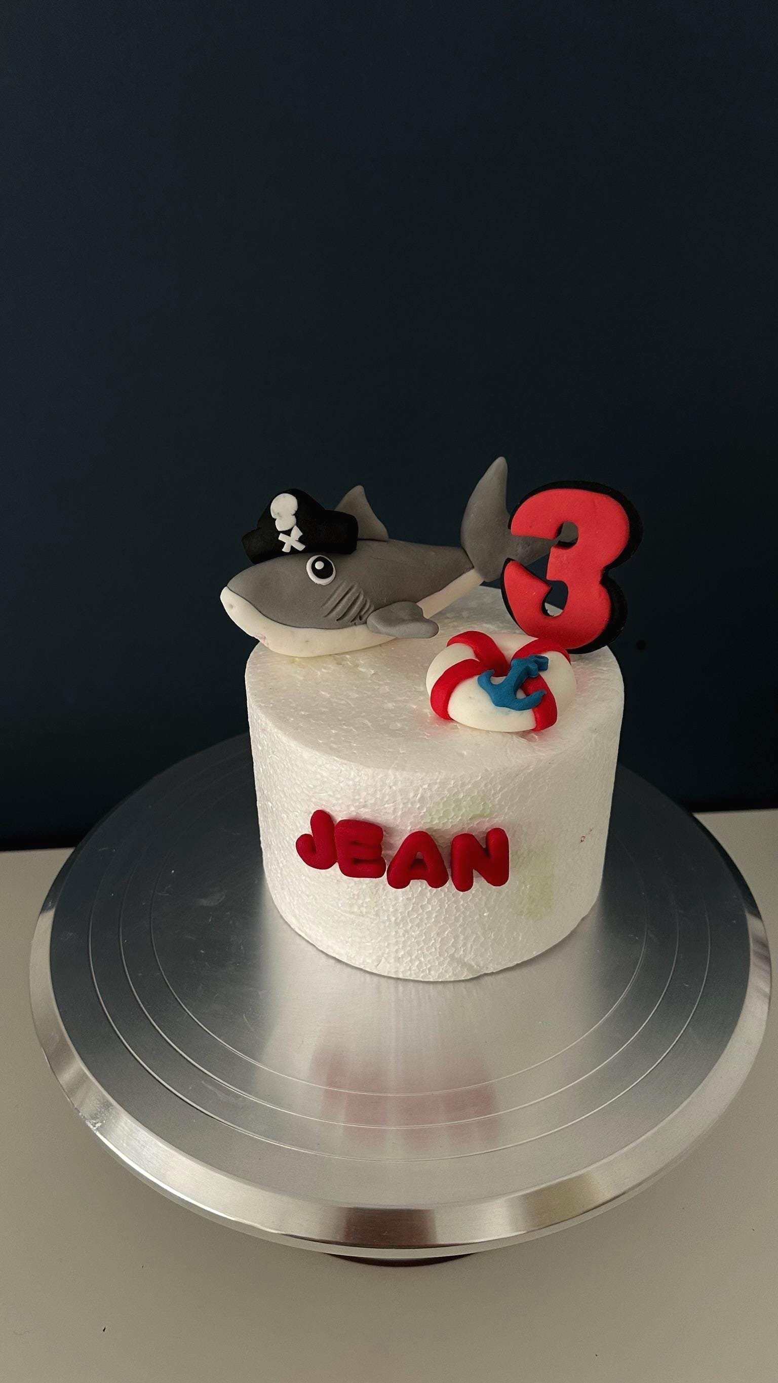 Pirate Shark Fondant Cake Topper- Handmade Ocean Theme Birthday Decoration - Custom Name and Age Cake Topper For Kids.