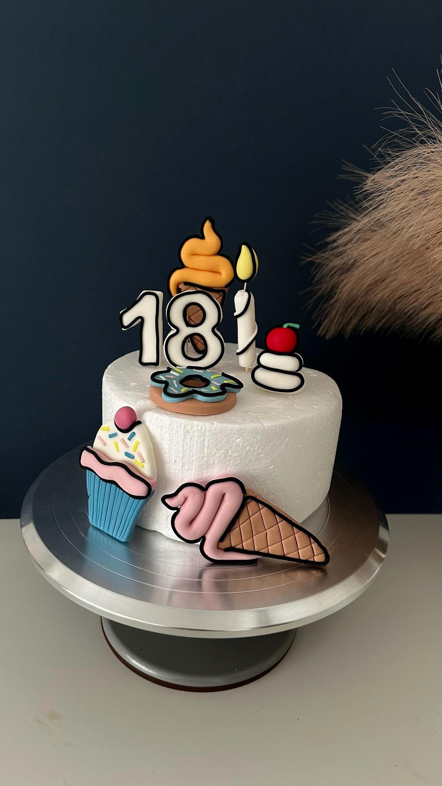 Cartoon Birthday Cake Topper: Pop Art Fondant Cupcake, Candle, Ice Cream