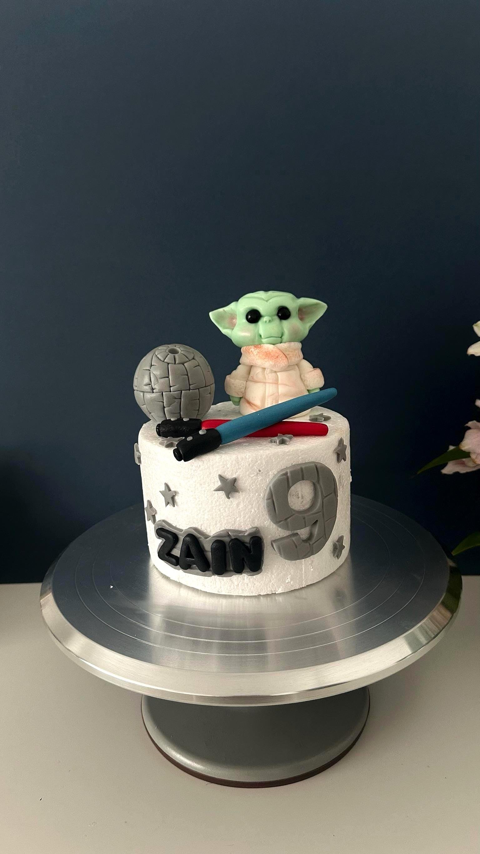 Star Wars "insperied" Cake Topper- Baby Yoda Fondant Decoration With Lightsabers, Death Star , Stars and Custosm Name and Number.