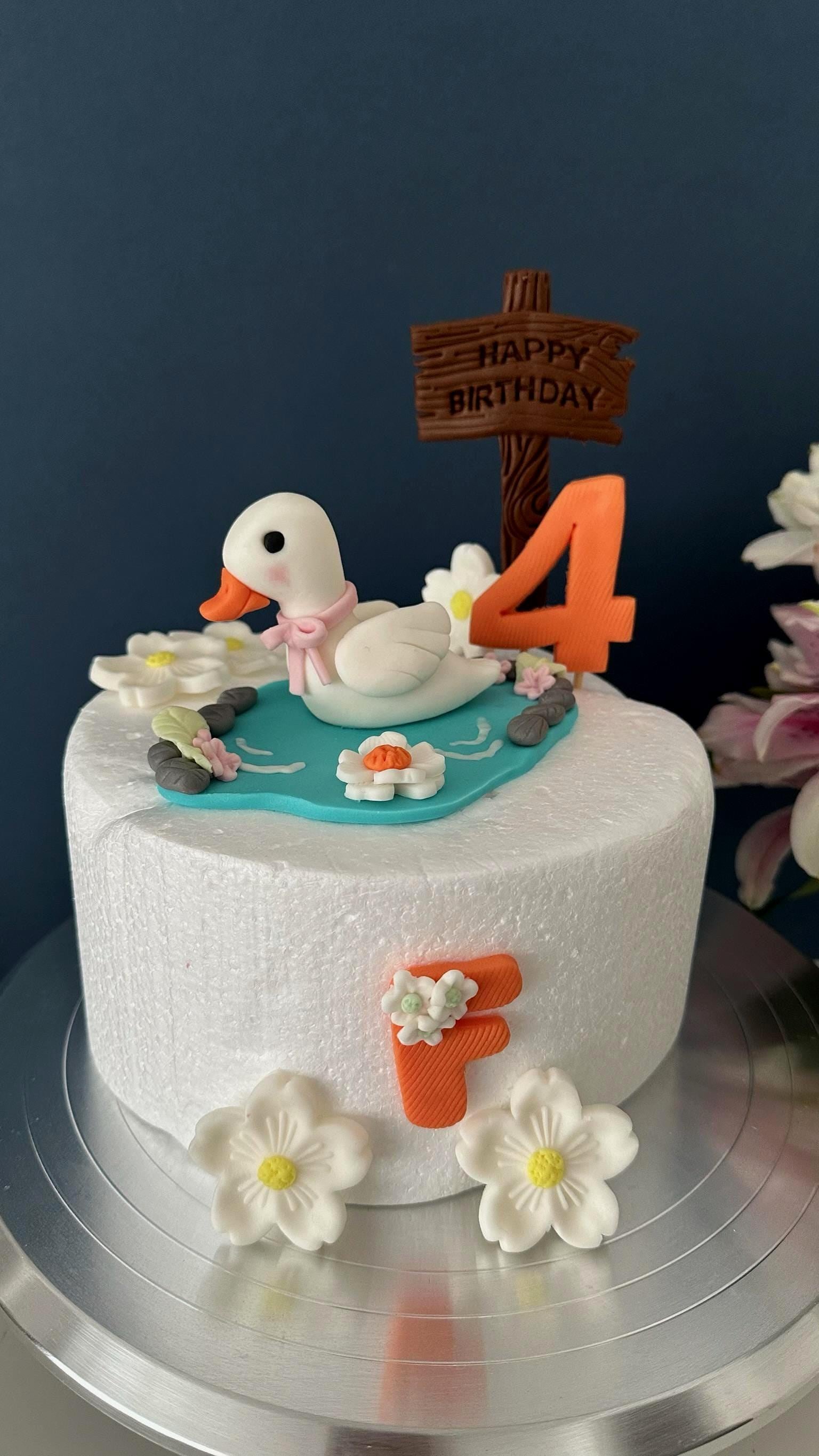 Duck Birthady Cake Topper- Handmade Fondant Decoration with Flowers and Number.