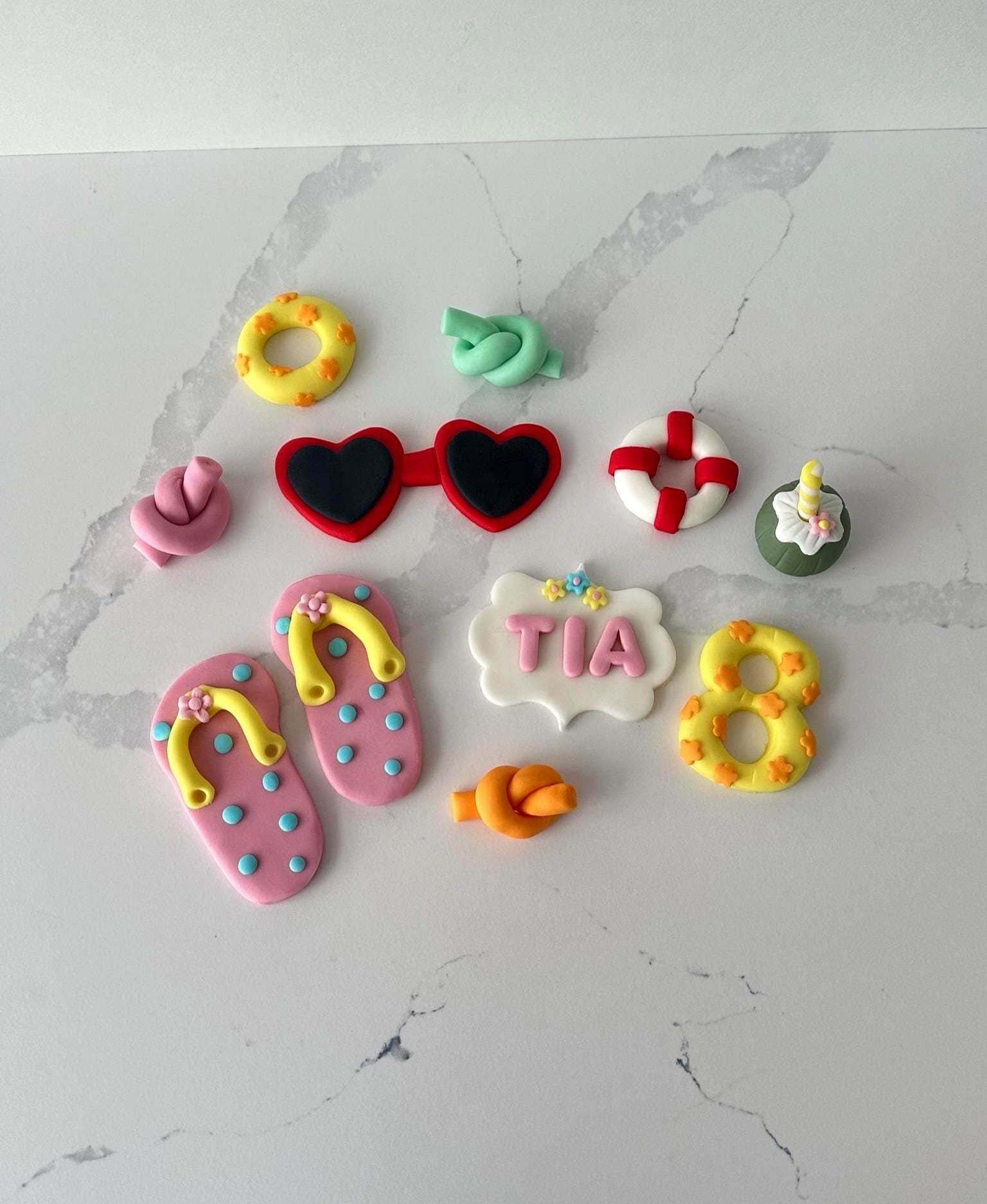 Personalised Summer Beach Cake Topper Set - Flip Flops,Sunglasses,Nmae and Age - Fondant Decorations.
