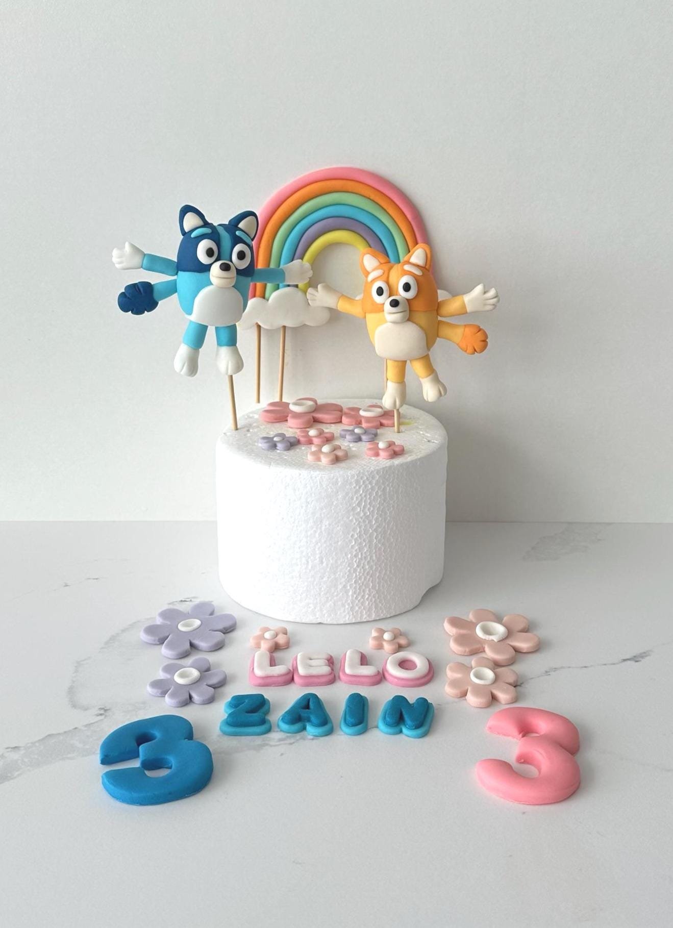 Personalised Bluey and Bingo cake toppers - Custom Name and age - Fondant Birthday Decorations.