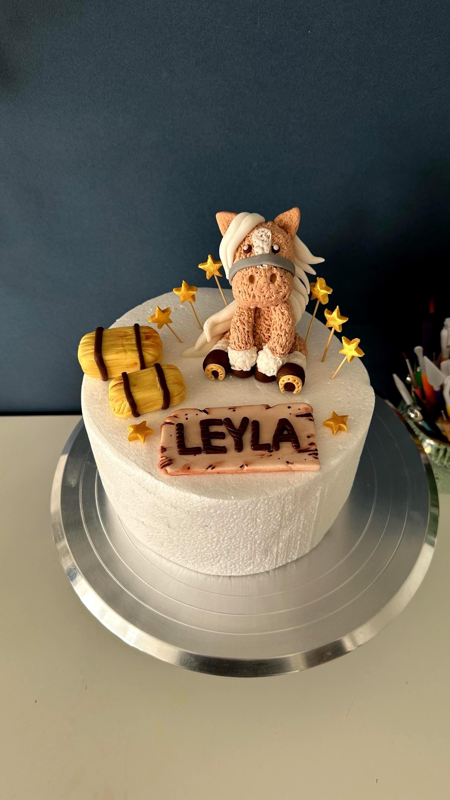 Custom Horse Cake Topper - Personalised Fondant Pony With Name Sign - Farm Theme Birthday Topper.