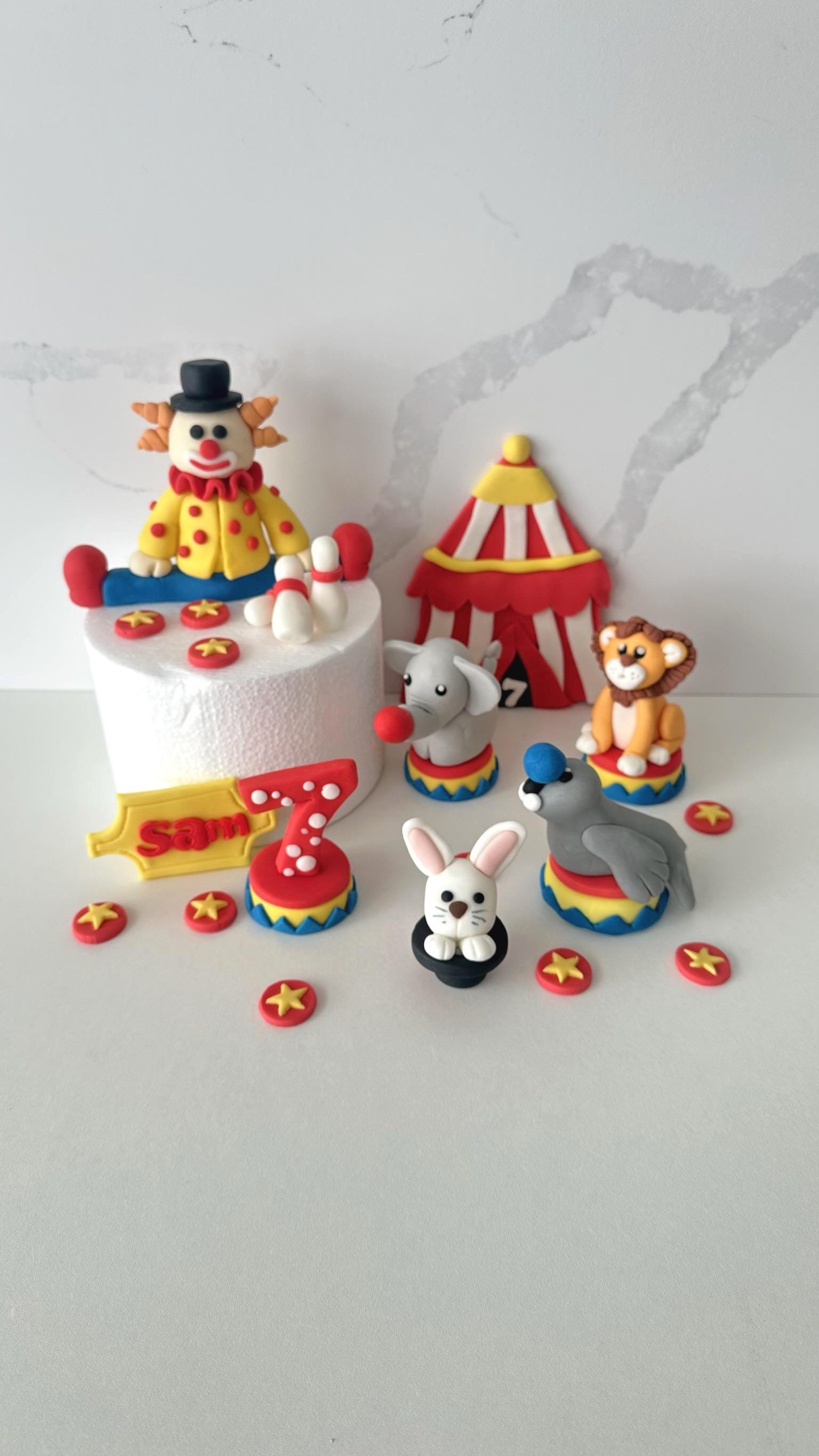 Edible Fondant Circus Cake Topper Set: Custom Name & Age