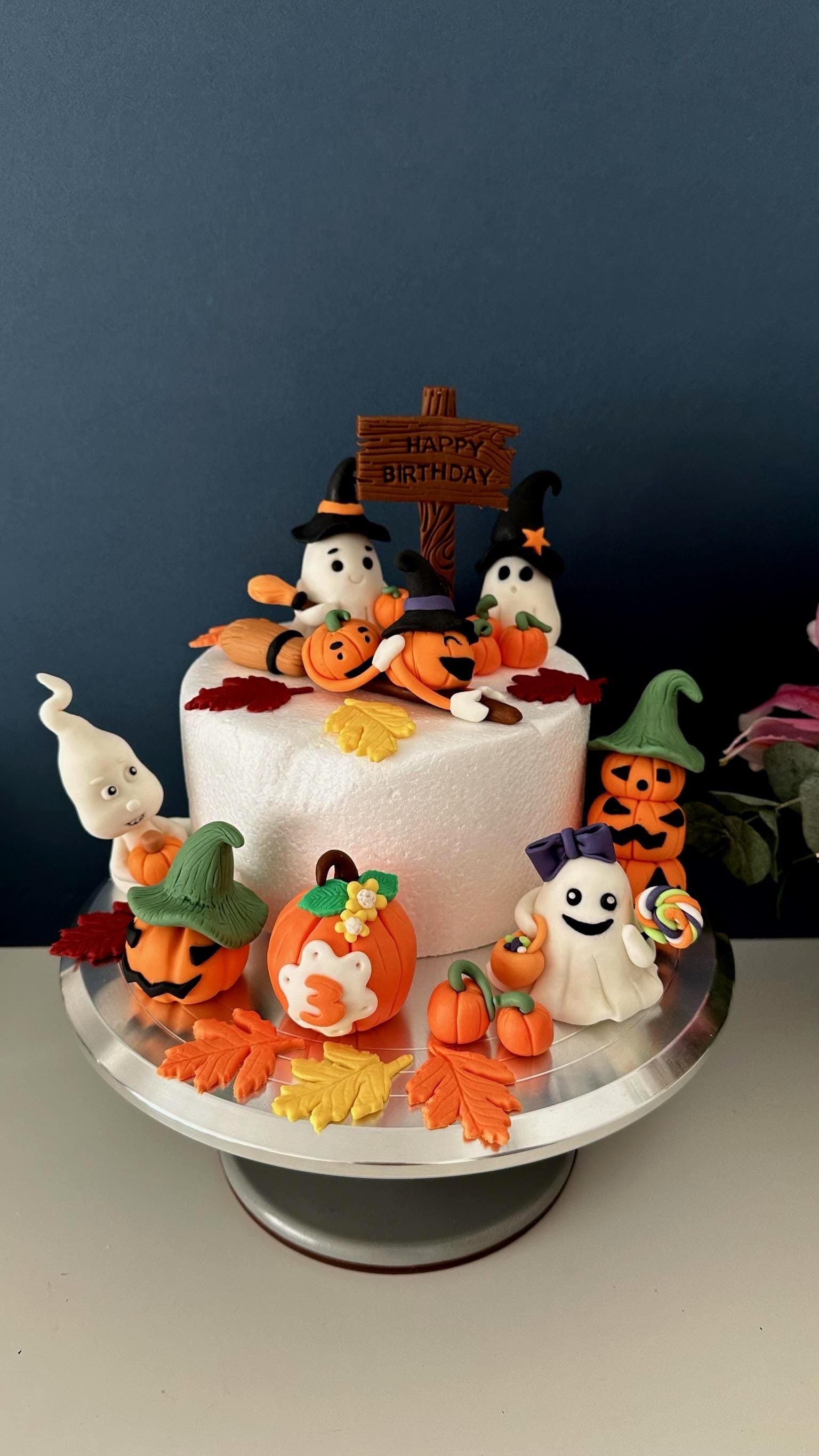 Halloween Fondant Cake Topper Set: Ghost, Pumpkin, Witch Hat - Edible Handmade Decoration
