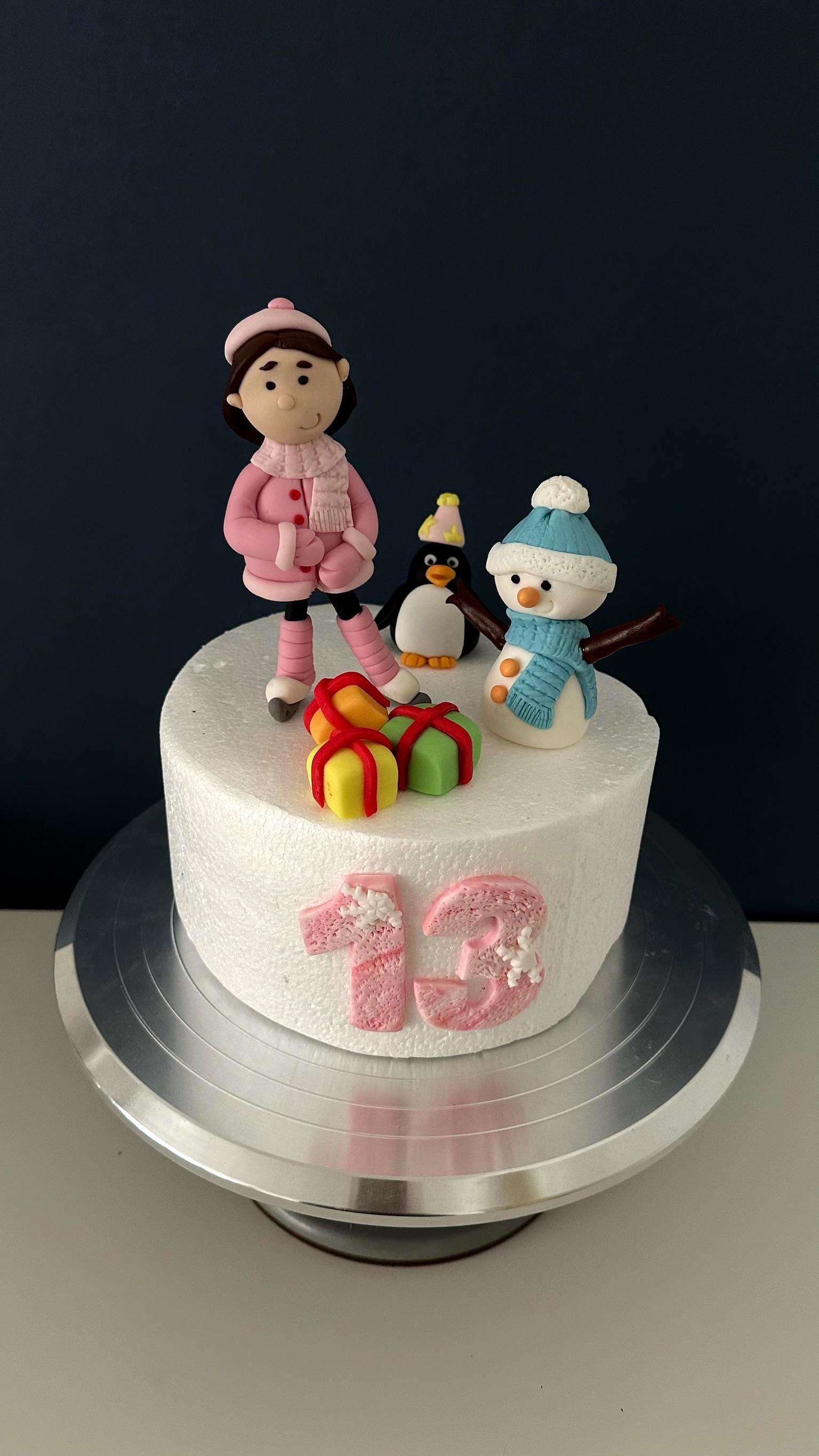 Winter Birthday Cake Topper: Fondant Ice Skating Girl, Snowman, Penguin