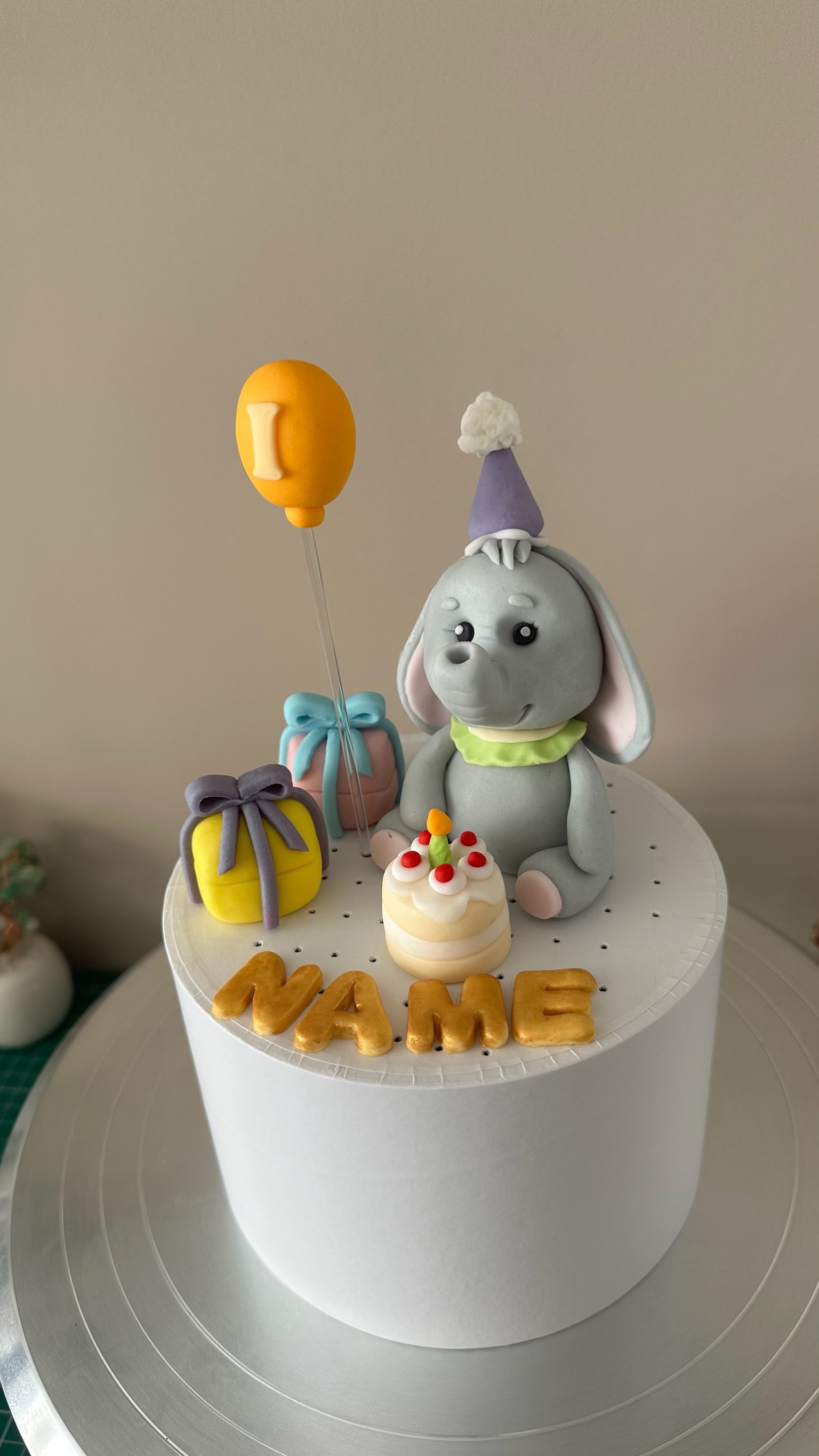 Personalised Elephant First Birthday Cake Topper | Handmade Fondant Set