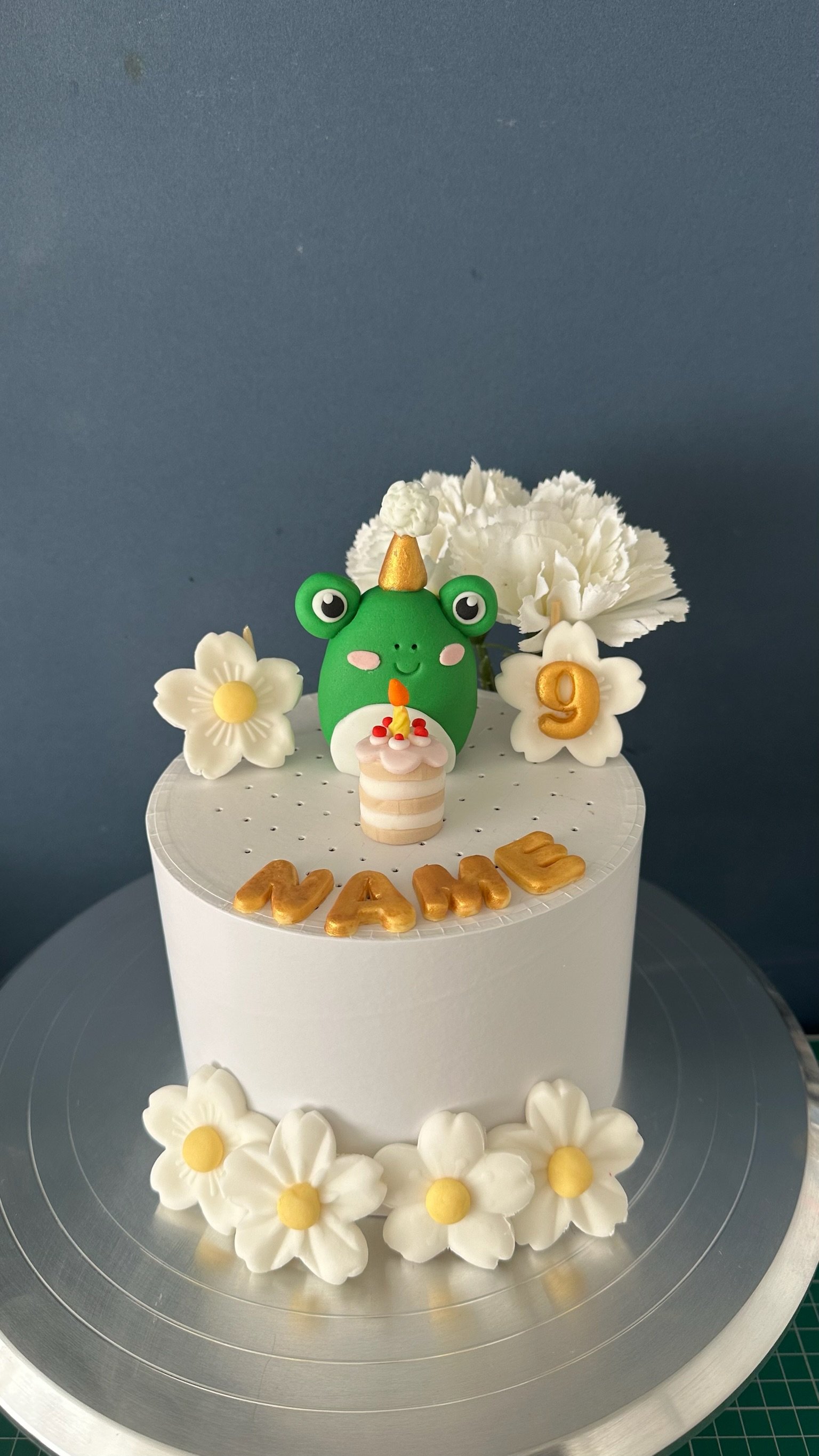 Handmade Edible Fondant Frog Cake Topper, Personalised Name & Age, Birthday Party Hat