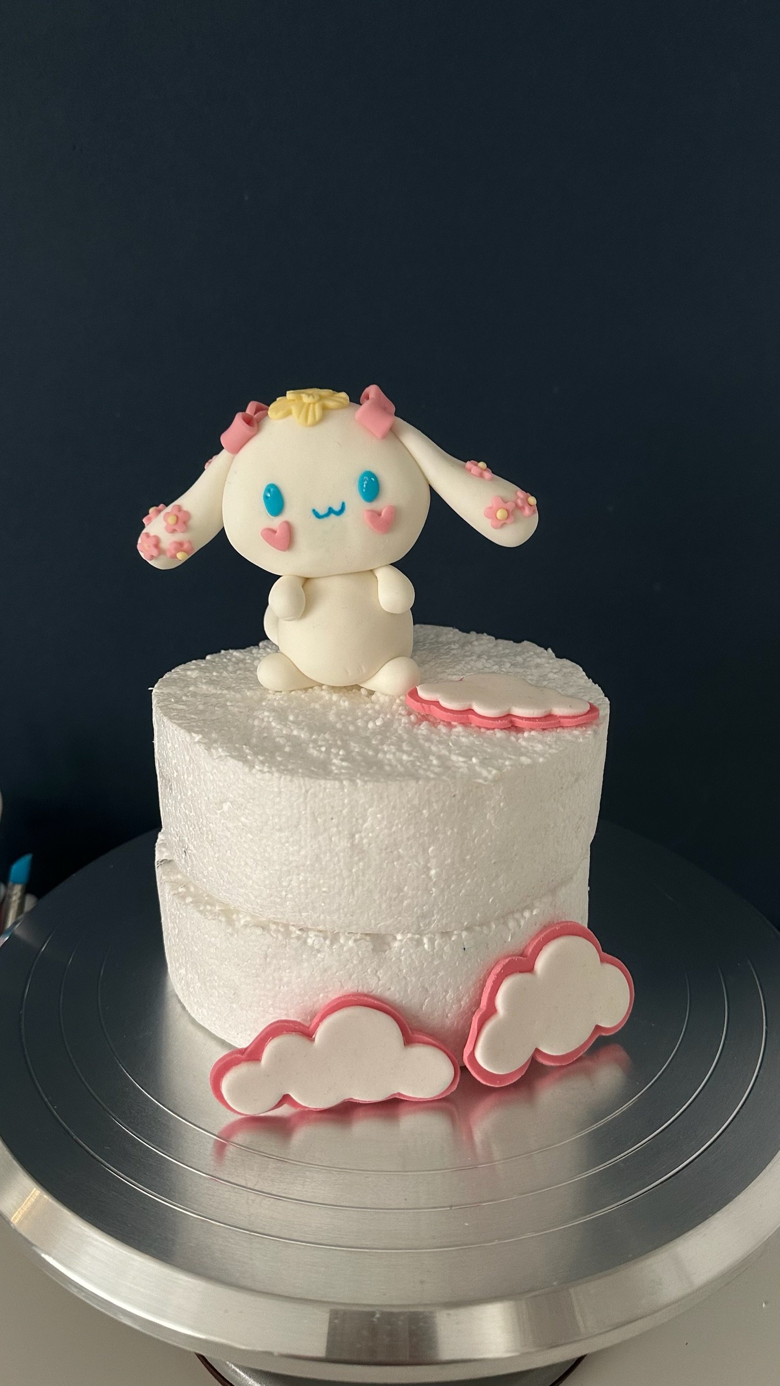 Cute Bunny Cake Topper – Edible Fondant Rabbit Decoration – Pink Cloud Birthday Cake Decor – Handmade Custom Cake Topper .