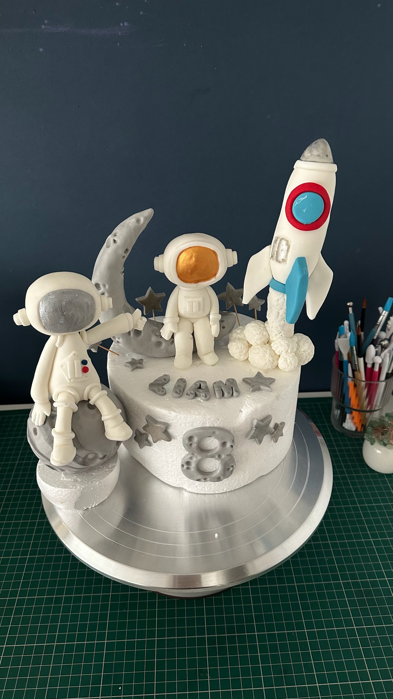 Handmade Fondant Space Cake Topper, Astronaut Rocket Birthday Decoration, Personalised Name Age
